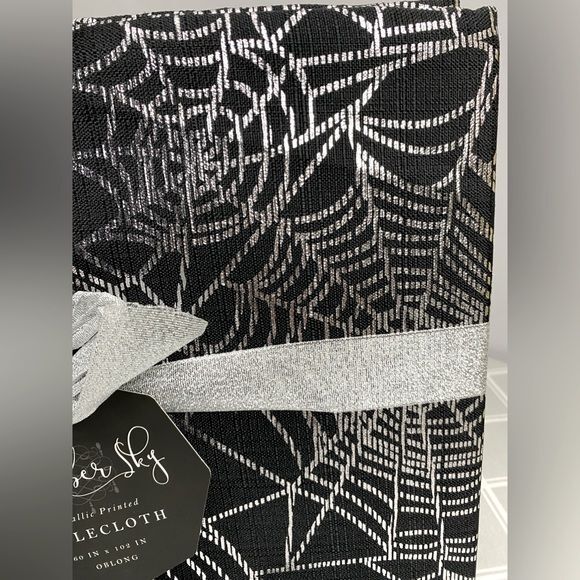 Halloween Tablecloth Silver Metallic Printed Spider Webs Black Fabric 60” x 102” - Picture 4 of 4